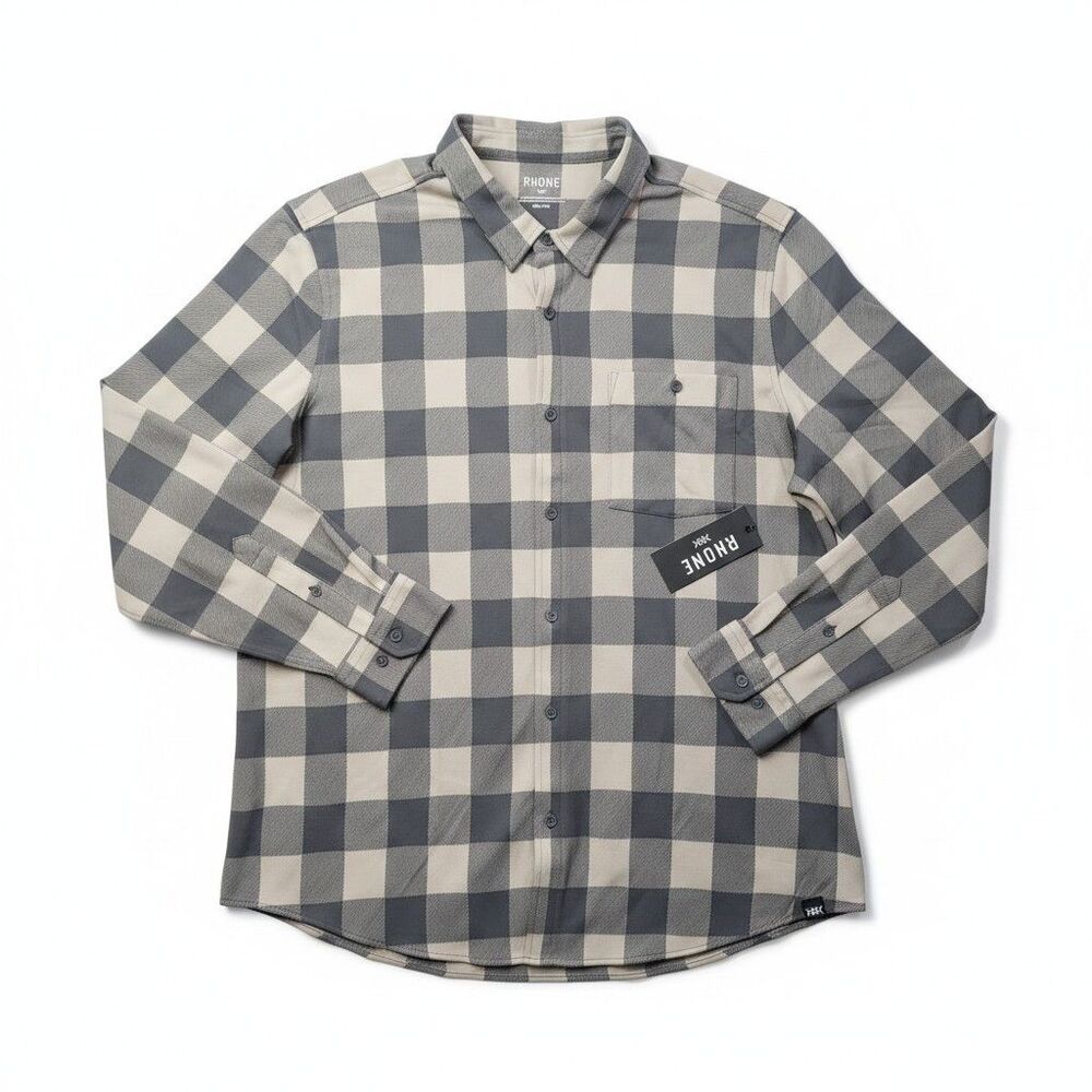 NWT Rhone Hardy Flannel Shirt Foggy Taupe & Iron Buffalo Check Men's Size 2XL - Picture 2 of 12